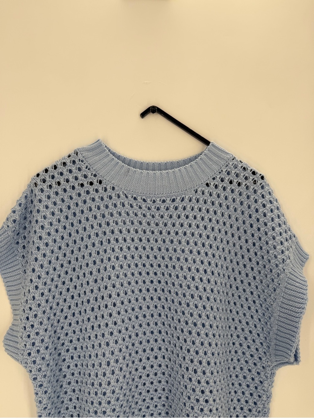 Light Blue Crochet Open Stitch Cap Sleeve Relaxed Fit Sweater Top